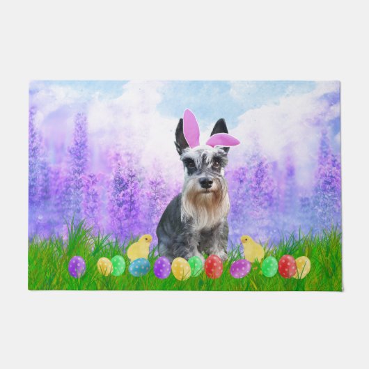 Miniatuur Schnauzer met paaseieren Bunny Chicks Deurmat (Voorkant)