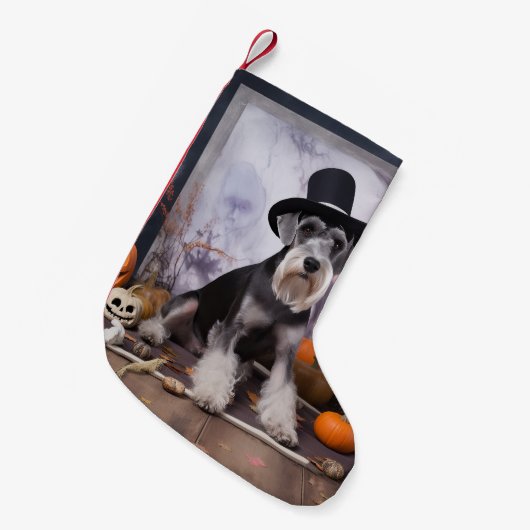 Miniatuur Schnauzer Pompoenen Halloween Scary Kleine Kerstsok (Voorkant (Hangend))