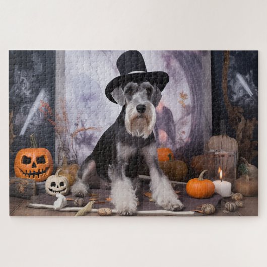 Miniatuur Schnauzer Pompoenen Halloween Scary Legpuzzel (Horizontaal)