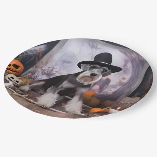 Miniatuur Schnauzer Pompoenen Halloween Scary Papieren Bordje (Gekanteld)