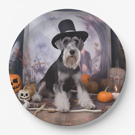 Miniatuur Schnauzer Pompoenen Halloween Scary Papieren Bordje (Voorkant)