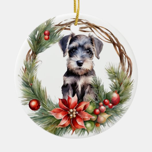 Miniatuur Schnauzer Puppy Poinsettia Krans Keramisch Ornament (Voorkant)