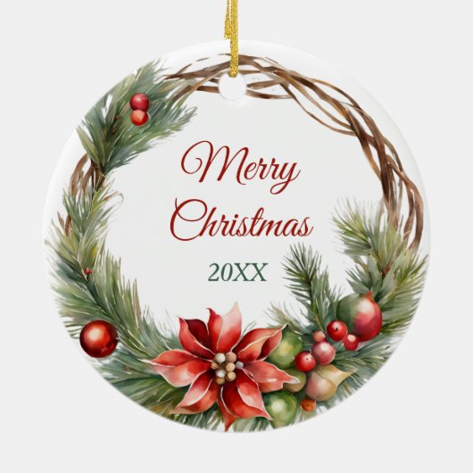 Miniatuur Schnauzer Puppy Poinsettia Krans Keramisch Ornament (Achterkant)