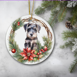 Miniatuur Schnauzer Puppy Poinsettia Krans Keramisch Ornament