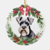 Miniatuur Schnauzer Terriër Rode strik Krans Keramisch Ornament (Voorkant)