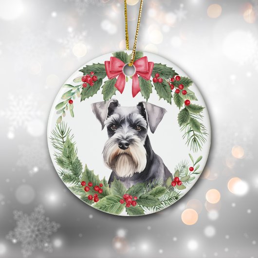 Miniatuur Schnauzer Terriër Rode strik Krans Keramisch Ornament