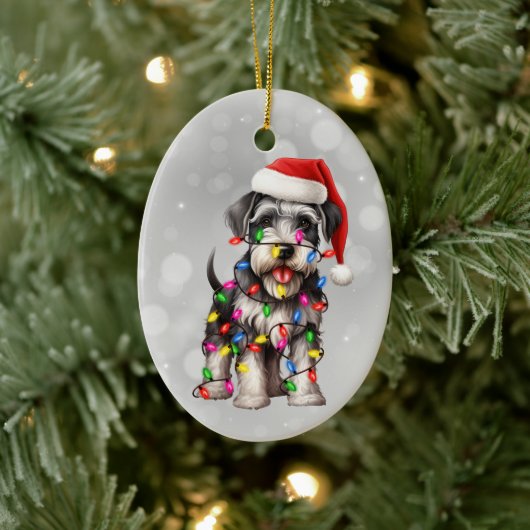 Miniatuur Schnauzer verpakt in kerstverlichting Keramisch Ornament (Boom)