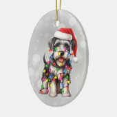Miniatuur Schnauzer verpakt in kerstverlichting Keramisch Ornament (Links)