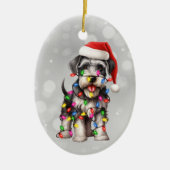 Miniatuur Schnauzer verpakt in kerstverlichting Keramisch Ornament (Voorkant)