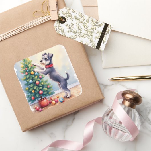 Miniatuur Schnauzer versiert kerstboom hond Vierkante Sticker (Geschenken)