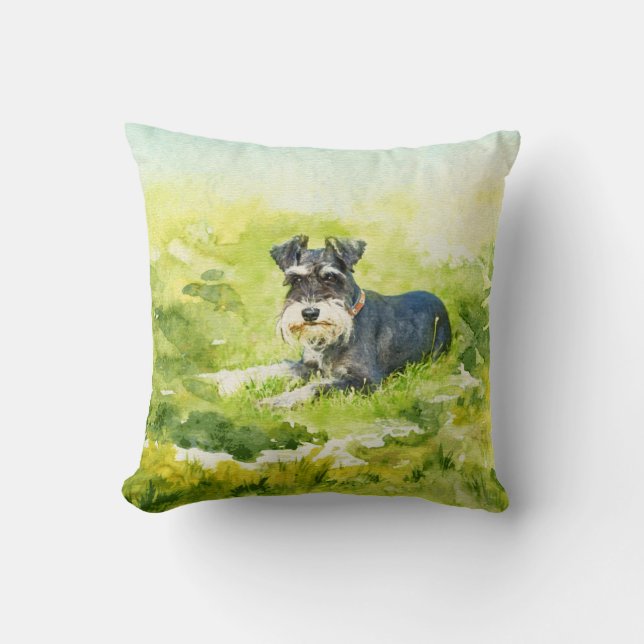 Miniatuur Schnauzer Waterverf Digital Art Kussen (Voorkant)