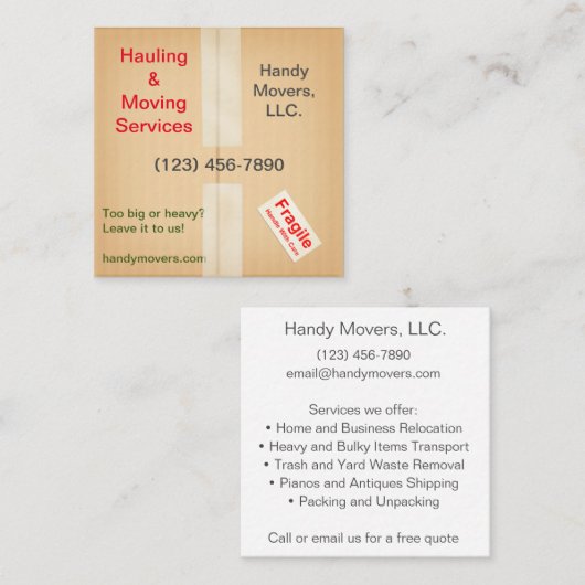 Miniatuur Shipping Box Handyman Hauling Moving Vierkante Visitekaartje (Voorkant / Achterkant)