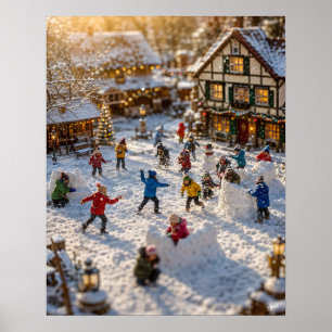 Miniatuur Sneeuwbalgevecht Dorpsscène Poster