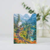 Miniatuur stoomtrein in alpenbos feestdagenkaart (Staand voorkant)
