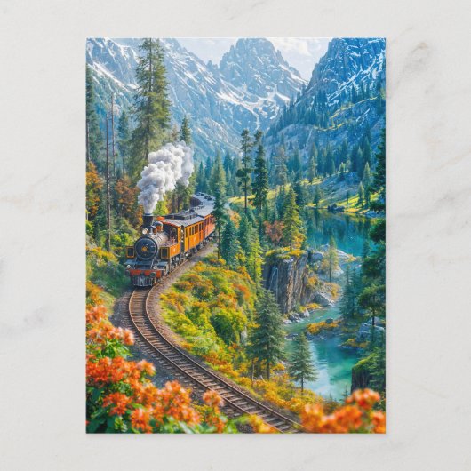 Miniatuur stoomtrein in alpenbos feestdagenkaart (Voorkant)