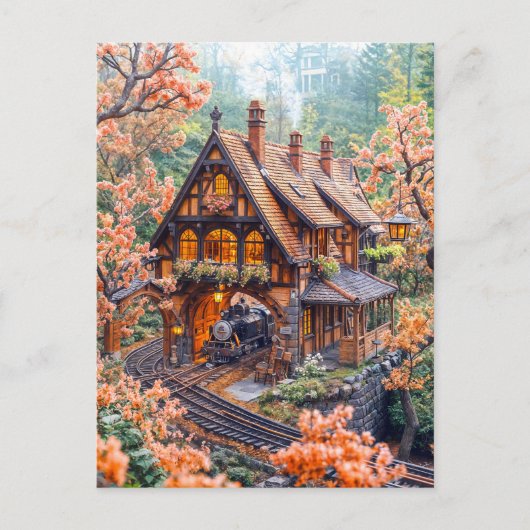 Miniatuur stoomtrein onder kersenbloesems feestdagenkaart (Voorkant)