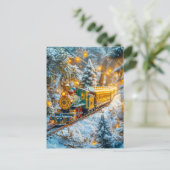 Miniatuur stoomtrein op besneeuwde bergbaan feestdagenkaart (Staand voorkant)