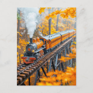 Miniatuur stoomtrein op bosbrug van een vakwerkbru feestdagenkaart