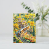 Miniatuur trein in gouden pompoen dorp feestdagenkaart (Staand voorkant)
