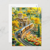 Miniatuur trein in gouden pompoen dorp feestdagenkaart (Voorkant / Achterkant)