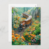 Miniatuur trein in levendige bergweide feestdagenkaart (Voorkant / Achterkant)