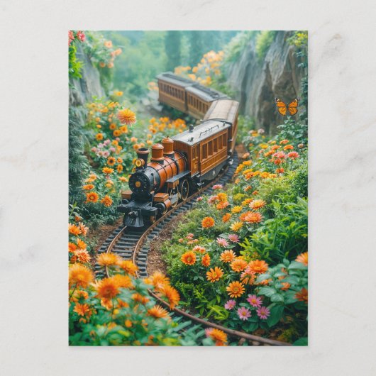 Miniatuur trein in levendige bergweide feestdagenkaart (Voorkant)