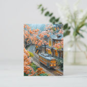 Miniatuur veertrein onder kersenbomen feestdagenkaart (Staand voorkant)