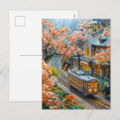 Miniatuur veertrein onder kersenbomen feestdagenkaart (Voorkant / Achterkant)
