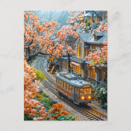 Miniatuur veertrein onder kersenbomen feestdagenkaart (Voorkant)