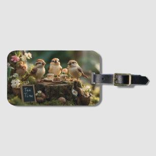 Miniatuur vogelbeeldjes hebben een bos-theepartij bagagelabel