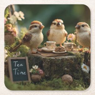 Miniatuur vogelbeeldjes hebben een bos-theepartij kartonnen onderzetters