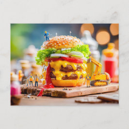 Miniatuurarbeiders bouwen Cheeseburger met graafwe Feestdagenkaart