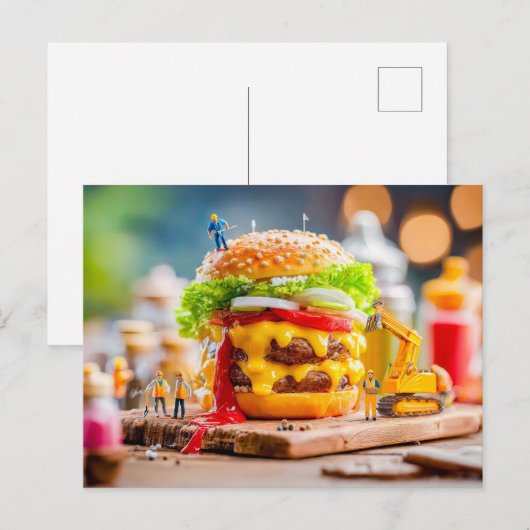 Miniatuurarbeiders bouwen Cheeseburger met graafwe Feestdagenkaart (Voorkant / Achterkant)