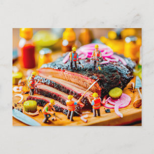 miniatuurarbeiders die tonijnbiefstuk grillen feestdagenkaart