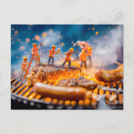 miniatuurarbeiders die worsten en karbonades grill feestdagenkaart