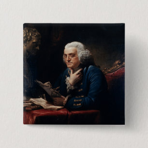 Miniatuurportret Benjamin Franklin in het Witte Hu Vierkante Button 5,1 Cm