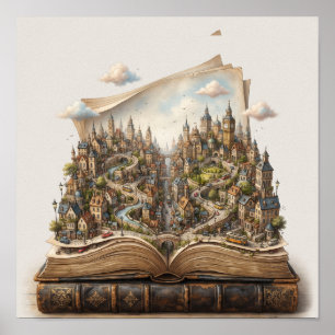 Miniatuurstad in een open boek – Surrealistische f Poster