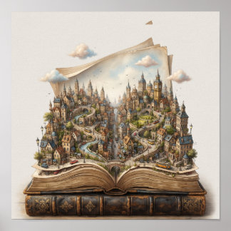 Miniatuurstad in een open boek – Surrealistische f Poster