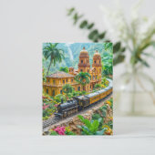 Miniatuurtrein door tropische paleistuin feestdagenkaart (Staand voorkant)
