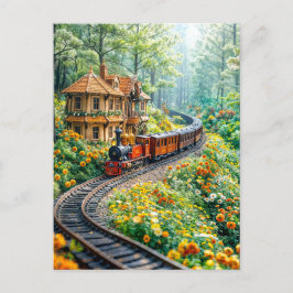 Miniatuurtrein slingert door lenteheuvels feestdagenkaart