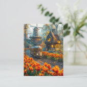 Miniatuurtrolley in tulpentuindorp feestdagenkaart (Staand voorkant)