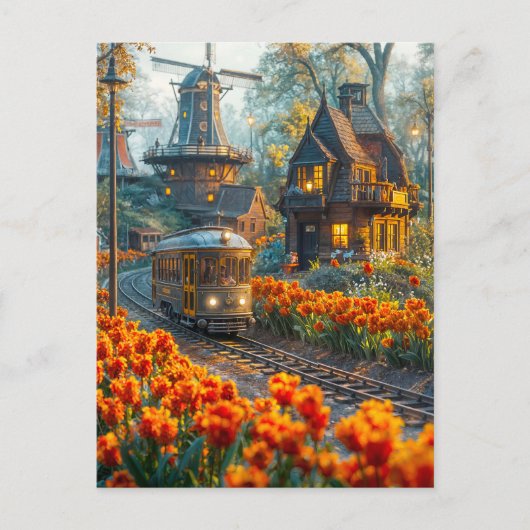 Miniatuurtrolley in tulpentuindorp feestdagenkaart (Voorkant)