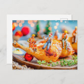 miniatuurwerkers met kerst kip drumstick feestdagenkaart (Voorkant / Achterkant)