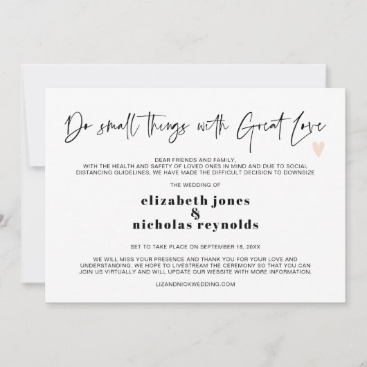 Minibruiloft-aankondiging met verkleinde opslagrui aankondiging (Voorkant)