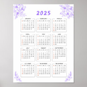 Minimaal 2025 Wandkalender Paarse Bloemen Poster