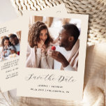 Minimaal 2-Foto Beige Bewaar de datum Aankondigingskaart<br><div class="desc">Dit eenvoudige, minimalistische Save the Date-briefkaart heeft een vierkante foto boven de woorden "Save the Date" in een elegant zwart handschrift, gevolgd door de namen van het paar, de trouwdatum en de stad in sans serif-lettertype op een beige achtergrond. Voeg een tweede, horizontale foto en een meer gedetailleerd bericht met...</div>