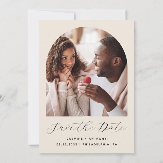 Minimaal 2-foto Boho Arch Beige Save The Date (Voorkant)