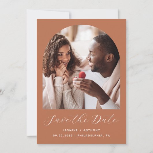 Minimaal 2-foto Boho Arch Terracotta Save The Date (Voorkant)