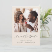 Minimaal 2-foto script beige save the date (Staand voorkant)