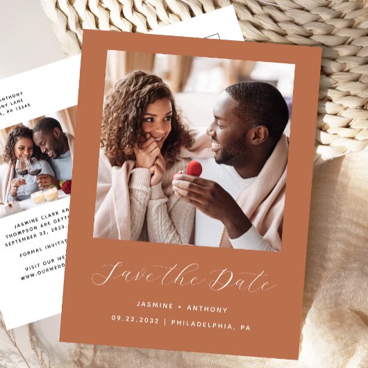 Minimaal 2-Foto Script Terracotta Save the Date Aankondigingskaart
